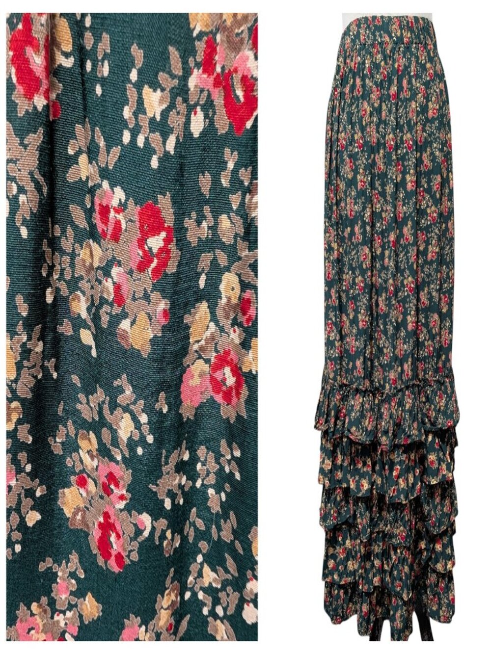 Vintage Liza Lynn Womens Size S Green Floral Tier Ruffle Cottagecore Maxi Skirt